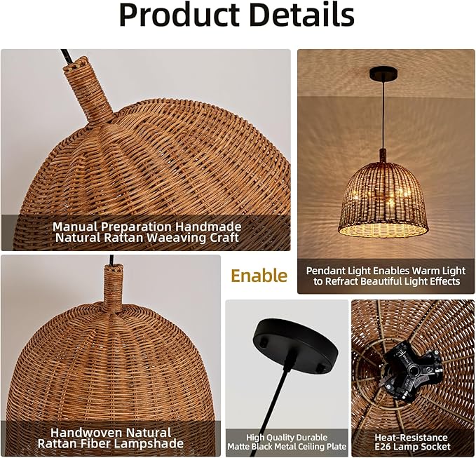 3-Light Dark Curry Rattan Pendant Light,13.77" Rustic Hanging Light,Brown Wicker Pendant Light Hand-Woven Rattan Chandelier for Workplace Dining Living Bedroom Kitchen Farmhouse
