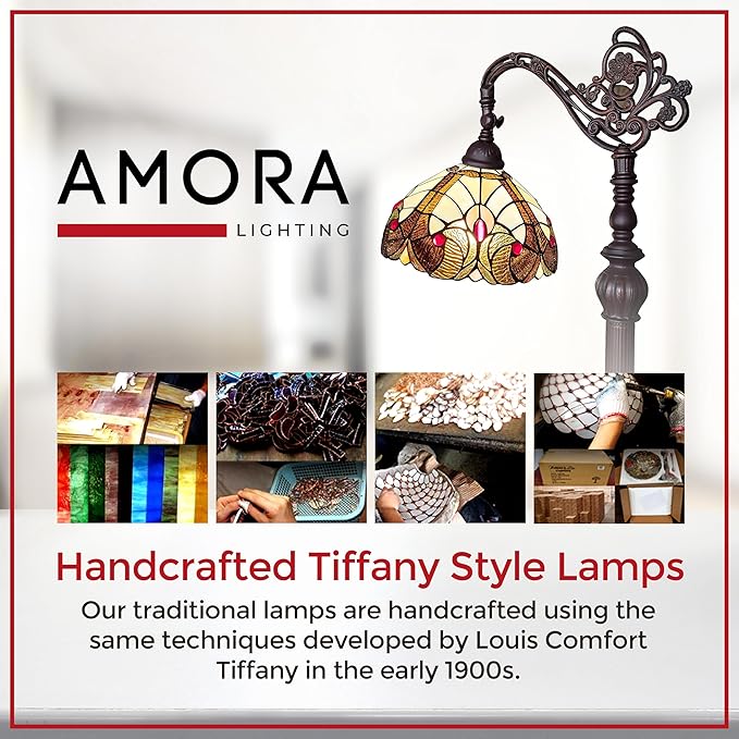 Amora Tiffany Style Floor Lamp Arched Vintage Antique 62" Tall Stained Glass Brown Red Tan Traditional Light Decor Bedroom Living Room Reading Gift AM344FL12 Lighting