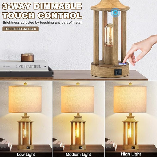 Touch Control Farmhouse Table Lamp Set of 2 with 2 USB Ports, 3 Way Dimmable Bedside Lamps with 2 LED Nightlight,Rustic Nightstand Lamps for Bedroom, Living Room Office (4 LED Bulbs Included)