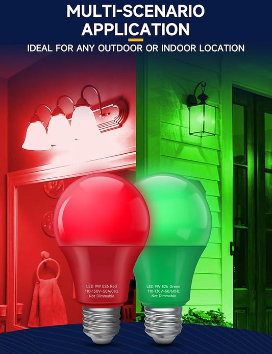 UNILAMP Red and Green Light Bulbs, 9W A19 LED Christmas Light Bulb, E26 Red Green Light Bulbs, 60W Equivalent, Color Bulb for Christmas Party Outdoor Porch Decoration, 4 Pack