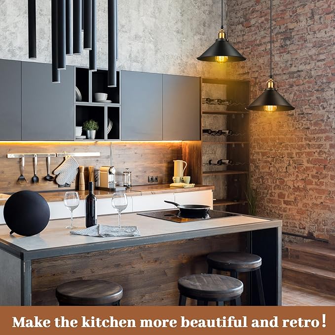 Retisee 6 Pieces Industrial Pendant Lights E26 E27 Base Black Farmhouse Lampshade for Hanging Light Vintage Metal Shade Fixtures Barn for Kitchen Dining Room Home Bar Foyer