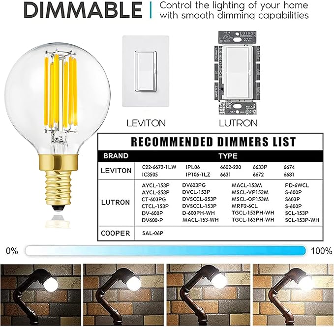 Leools Dimmable g16.5 led Bulb e12 g16 1/2 led Candelabra Bulb 60w Edison Bulb 4000K Neutral White 600lm ac120v 6w g50 led Globe Bulb for Chandelier,Vanity and Ceiling Fan,6Pack