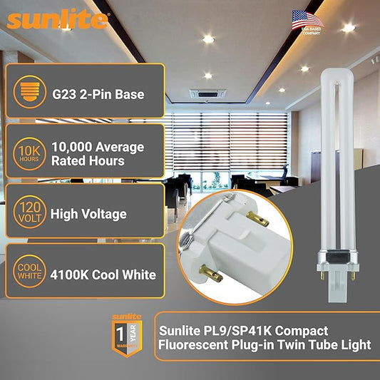 Sunlite PL9/SP41K/10PK 2-Pin Fluorescent 9W 4100K Cool White U Shaped PL CFL Twin Tube Plugin Light Bulbs with G23 Base (10 Pack)