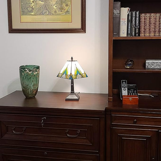 Tiffany Style Accent Table Lamp Banker Mission 14.5″ Tall Stained Glass Ivory Green Blue Yellow Antique Living Room Bedroom AM363TL08, Amora Lighting
