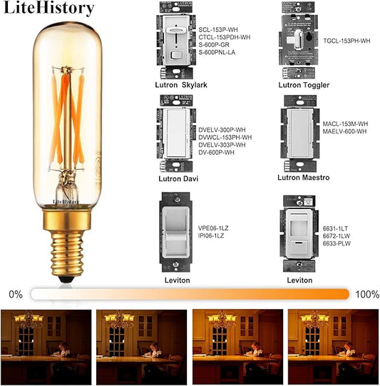 LiteHistory Dimmable T6 led Bulb 40W Candelabra led 2200K Amber 250lm 4W e12 T25 led Bulb 6Pack
