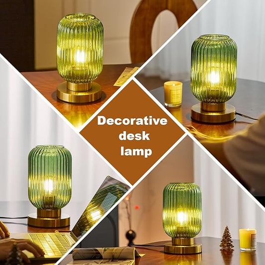 Bedside Table Lamp with Green Glass Shade, Small Nightlight Lamp Elegant Glass Nightstand Lamps Modern Desk Light with Plug-in Style for Bedroom Living Room Tabletop Dia5.9"x H9.8"