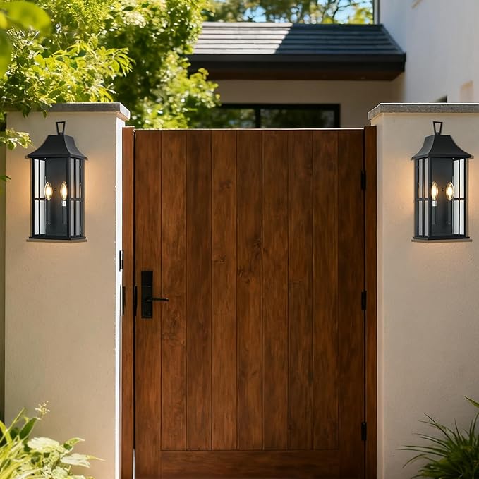 Outdoor Wall Sconce Waterproof Wall Lantern 2-Lights, 20.3" Large Outside Modern Wall Mount Light, Exterior Matte Black Porch Light with Glass for House Patio Garage,Bulbs Not Included