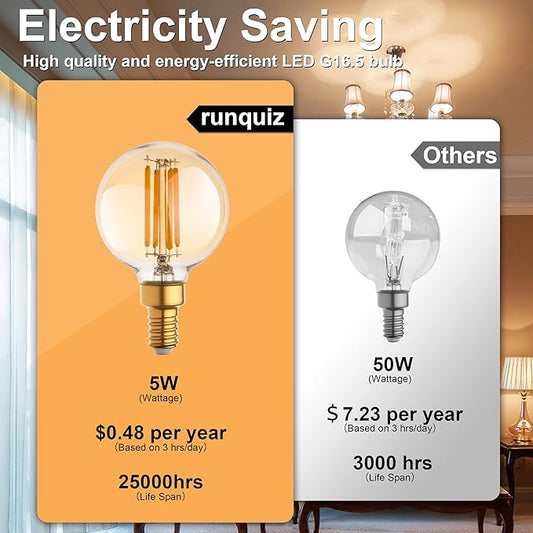 G16.5 Led Bulb, Small Round Edison Light Bulbs, Dimmable E12 Globe Amber Vanity Light Bulbs, 5w 2700k Vintage LED Filament Edison Bulb