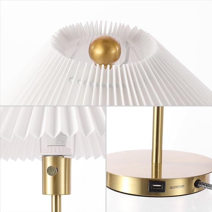 JONATHAN Y JYL1149A 21.25" Modern Glam Metal Table Lamp with USB Charging Port, Brass Gold Bedside Lamp for Bedroom, Living Room, Minimalist Desk Lamp with White Pleated Shade, LED Bulb Included