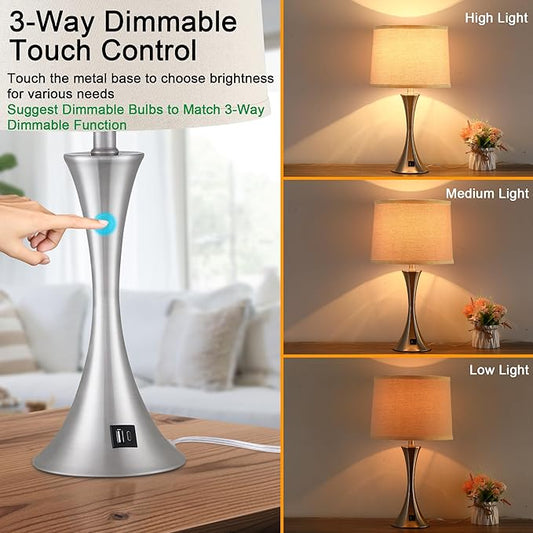 LIT-PaTH Table Lamp for Bedroom Nightstand Set of 2, Bedside Lamps with 3 Way Dimmable Touch Control and USB C+A Charging Ports, Linen Shade Desk Light for Living Room, Nickel (LED Bulb Not Included)