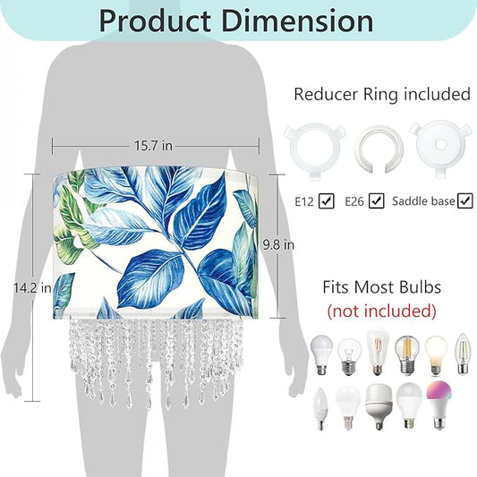 Blue Leaf Tropical Leaf Lamp Shade with Acrylic Bead Droplets, Drum Fabric Light Shade for Ceiling Pendant Table or Floor Lamps, Botanical Nature Home Decor, 15.7in