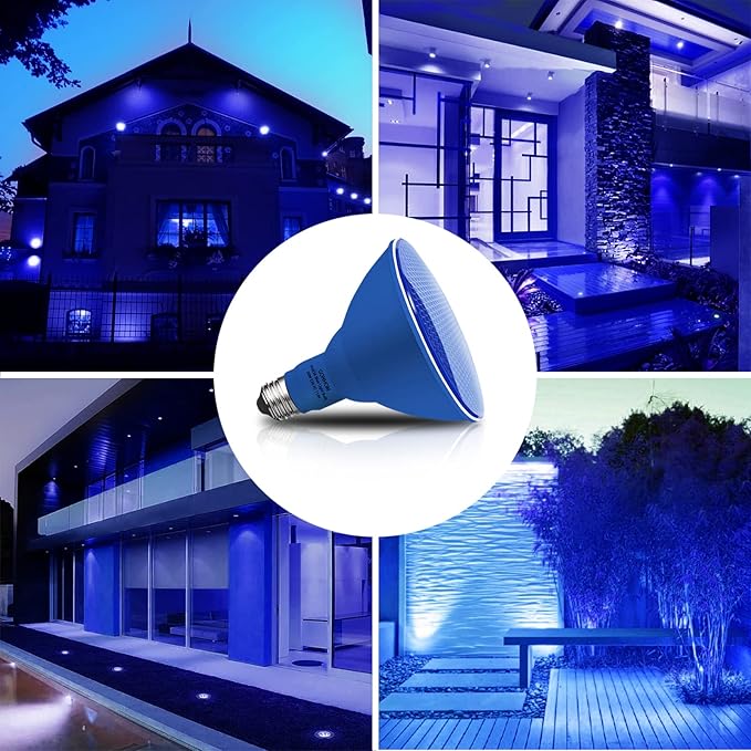 2 Pack PAR38 Blue Led Light Bulbs, Dimmable, 20W, E26 Base, Outdoor Indoor, Christmas Lighting, 1800 LM, Long Lifespan