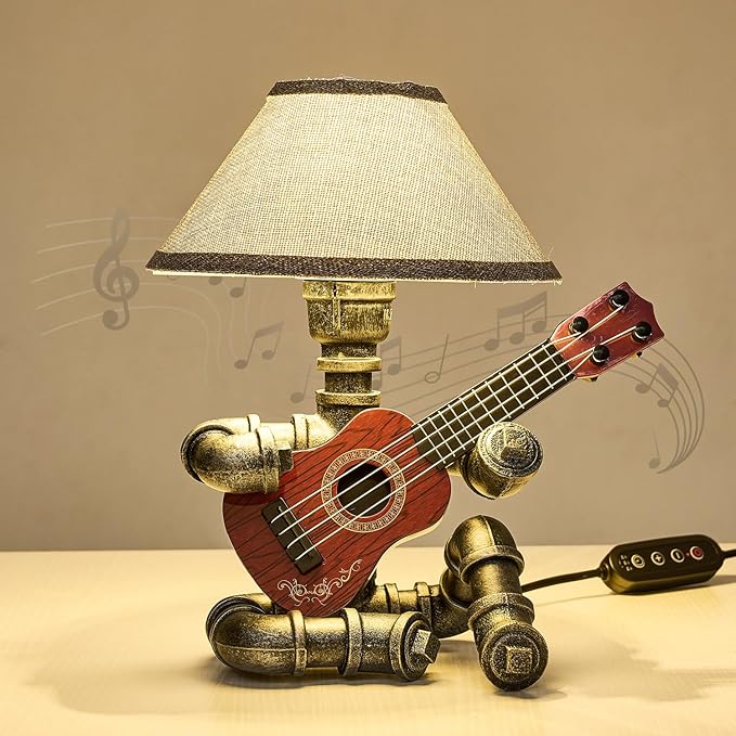 Music Guitar Table Lamp Art Decor Guitar Stuff Cool Gifts for Music Lovers Microphone Players for Men Steampunk Pipe Man Edison Bulb Lamps Retro Guitars Metal Pipe Industrial Robot Lights Silver Gray