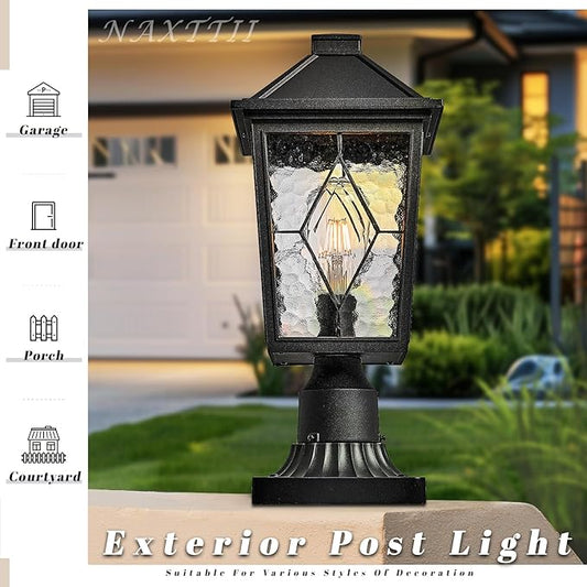 Outdoor Post Lights 16.5 Inch Black Lamp Post Light Fixture Aluminum Column Lighting with Water Ripple Glass E26 Socket Waterproof