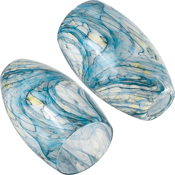 GO&SO 3-Pack Ink-blue Pendant Light Wave Glass Lamp Shades - Hand-Blown Rippled Texture with White Gradient, 7.8"H x 4"W Oval Art Fixtures, 1.57" Fitter,Mini Lamp Shade & Pendant Lamp Replacement Set