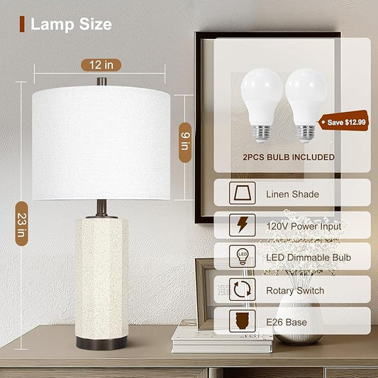 Scenekoy 23” Table Lamp Set of 2 for Bedroom Living Room, Rotary Switch Ceramic Bedside Lamp with White Linen Shade, Dimmable Nightstand Lamps for Room Office Hotel Dorm (Bulb Included)