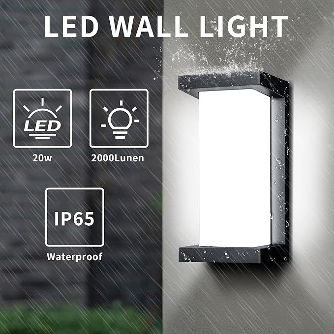 Wrasse Outdoor Wall Sconce 2000 Lumen 20W Wall Proch Light Fixtures 3000K Black Modern Exterior Sconces Lighting for House Outside Wall Mount Front Door