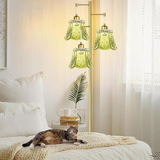 Gold Floor Lamp for Living Room,Bedroom,Tree 3 Light Standing Lamp Mid Century Modern Brass Tall Floor Lamps Vintage Retro Floor Lights Glass Green Flower Lamp Shade Farmhouse Boho Bohemian