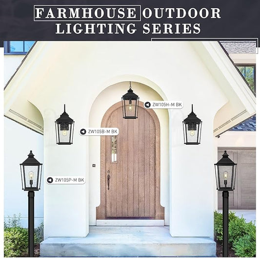 zeyu 22 Inch Outdoor Lights for House, 1-Light Outdoor Wall Sconce for House Porch, Die-Cast Aluminum with Seeded Glass, Black Finish, ZW105B-M BK