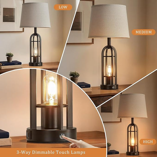24" Table Lamps for Living Room Set of 2, Farmhouse Industrial 3-Way Dimmable Touch Bedside Lamps with USB A+C for Bedroom Nightstand,4 Bulbs Included