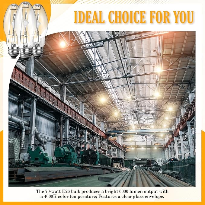 3 Pack Lighting Metal Halide Ed17 Bulb, Medium Base (e26), 24000 Hour Span Life, 6000 Lumen, 4000k, Clear Metal Halide Bulb (70 W)