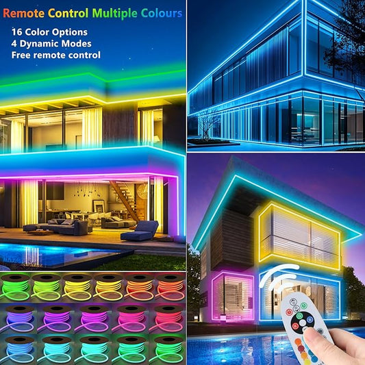 65.6ft RGB Neon Rope Light, Commerial Grade Waterproof RGB Neon Rope Lights with Remote, 110V 120V Plug-in Neon Strip Lights with Dimmable Power Adapter for Outdoor,Indoor Using