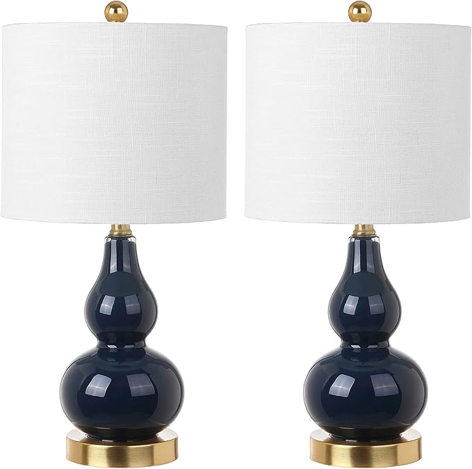 JONATHAN Y JYL1028F-SET2 20.5" Navy and Gold Glass Gourd Table Lamp Set of 2, Modern Glam Bedside Nightstand Lamps for Bedroom, Living Room, Office, End Table with White Linen Drum Shade