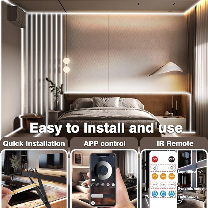 50FT COB Led Strip Lights, Uniform 6500K COB Rope Light,Bright Daylight White Lights,High Density,App/Remote Control,Indoor 24V Cuttable Cabinet Lights for Bedroom,Bookshelf,Showcase,Kitchen