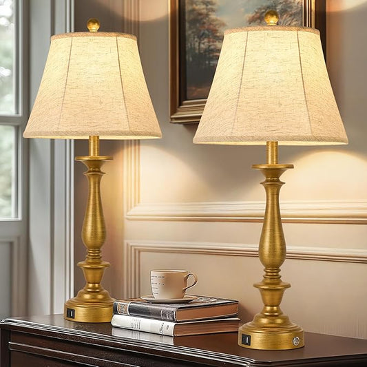 AIDENOEY 28.5" Traditional Table Lamp Set of 2, Rustic Farmhouse Table Lamps for Living Room Bedroom, Bedside Desk Lamps Vintage Nightstand Lamps with Silk Fabric Shades,Antique Gold Table Lamp