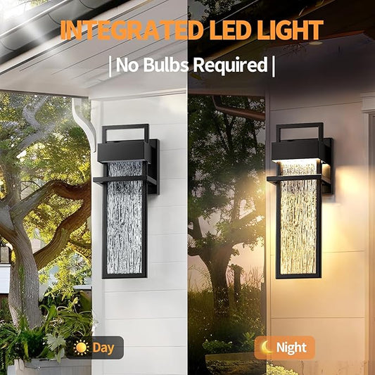 15'' Outdoor Wall Lights 2 Packs, 3000K Integrated LED Outdoor Sconce, Modern Exterior Lighting Fixtures with Rippled Glass, Waterproof Porch Light Outside Lights for House Garage Patio, Black