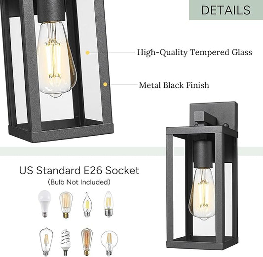Outdoor Wall Light with Clear Glass, Anti-Rust Exterior Wall Sconce, Weather Resistant Outdoor Lantern, Exterior Lighting for Porch, Patio, Garage, Entryway (Black, 13" Height-1 Pack)
