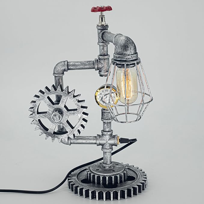 Antique Steampunk Pipe Table Lamp with Adjustable Joint & Clock (Cage Shade) QTF-BT05