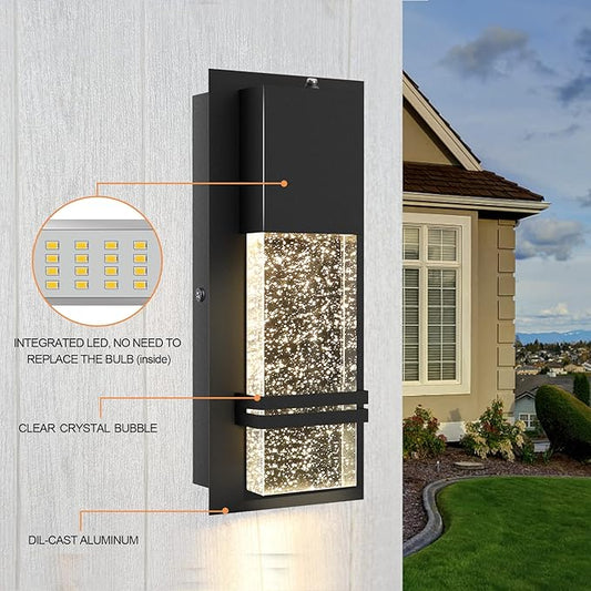 PARTPHONER LED Dusk to Dawn Outdoor Light Fixture Exterior Wall Sconces Porch Light 2 Pack Outside Wall Lights with Crystal Bubble Glass 12W Lumen 3000K for Doorway Garden Hallway Patio Living Room