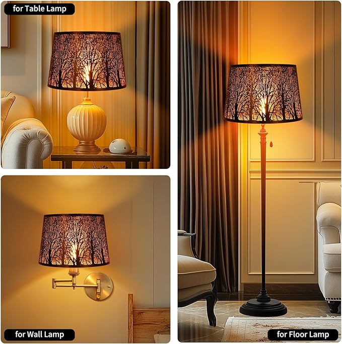 Etched Forest Metal Lampshade, ALUCSET Drum Metal Lamp Shade for Table Lamp,10" Top x 12" Bottom x 8" High Replacement Vintage Lamp Shade, Pattern of Trees Spider Lamp Cover (Antique Bronze Gold)