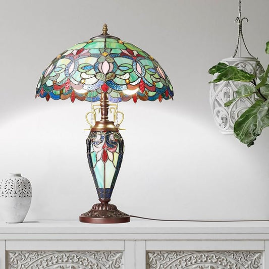 RIVER OF GOODS 24.5" H Victorian Green Dome Shade Double Lit Tiffany-Style Stained Glass Table Lamp