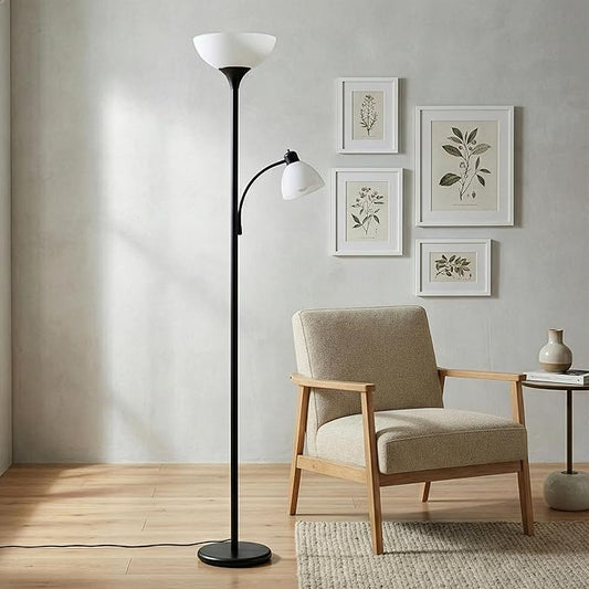Brightech Sky Dome Plus LED Floor lamp, Torchiere Super Bright Floor Lamp with Reading Lamp for Living Rooms & Offices - Dimmable Tall Standing Lamp for Bedroom Reading - Black