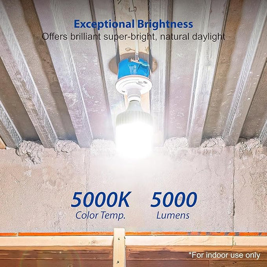 LED Light Bulb, 5000 Lumens, 36W Equivalent, 5000K Daylight, E26 Base, 50,000 Hours Lifetime, Non-Dimmable, Indoor Use Only, for Garage, Workshop, Warehouse, Basement, 1 Piece