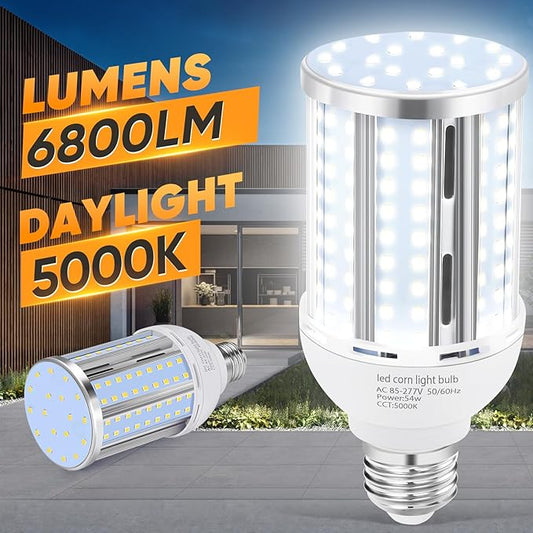 6 Pack 54W Corn LED Light Bulb,(480 Watt Equivalent) Fanless E26/E27 Medium Base LED Cob Lamp 5000K Daylight 6,800LM for Outdoor Indoor Garage Warehouse Factory Workshop Street Backyard