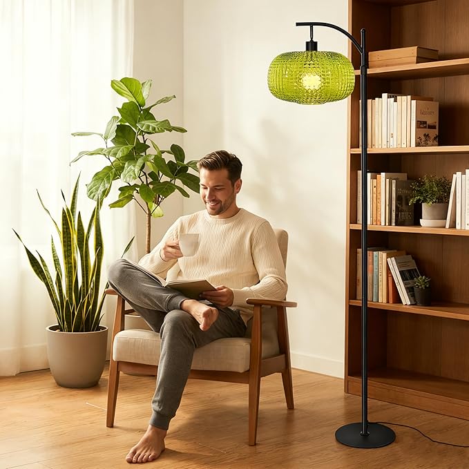 Floor Lamp for Living Room with Green Glass Shade, Modern Standing Lamp with Remote Control, Black Dimmable Tall Lamp for Bedroom Office with 12 LED Bulb