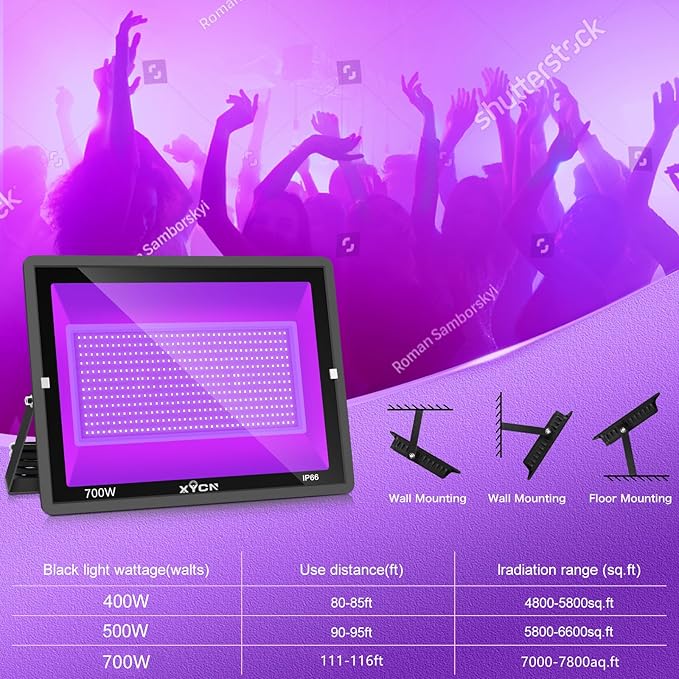 2 Pack 700W LED Black Lights, 395nm to 410nm Flood Blacklight Light with Plug,Outdoor IP66 Waterproof for Glow in The Dark, Dance Party, Stage Lighting, Body Paint, Fluorescent Poster, Neon Glow