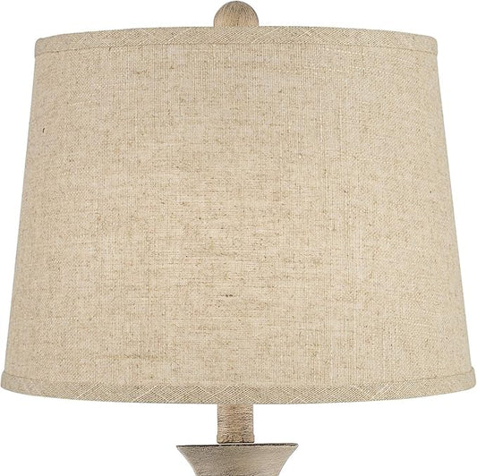 Regency Hill Serena Traditional Country Cottage Table Lamps 27.5" Tall Set of 2 Beige Gray Faux Wood Cream Burlap Fabric Drum Shade for Living Room Bedroom House Bedside Nightstand Home