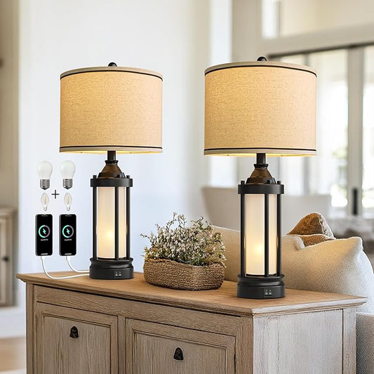 25'' Table Lamps for Bedroom Living Room Lamps Set of 2 Farmhouse Nightstand Bedside Lamps with USB Ports, Built-In Frosted Glass Night Light Industrial Metal Night Stand Lamp, Bulbs Included, Black