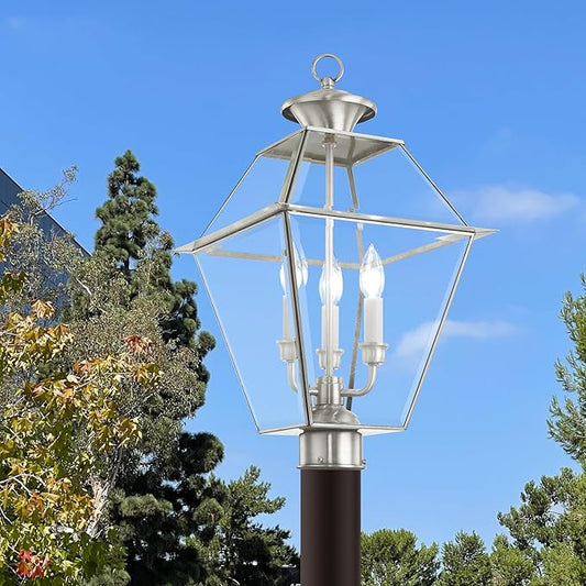 Livex Lighting Lantern 2384-91 Transitional Three Light Post-Top Lanterm from Westover Collection in Pwt, Nckl, B/S, Slvr. Finish, 12.00 inches, 21.5x12.00x12.00, Brushed Nickel