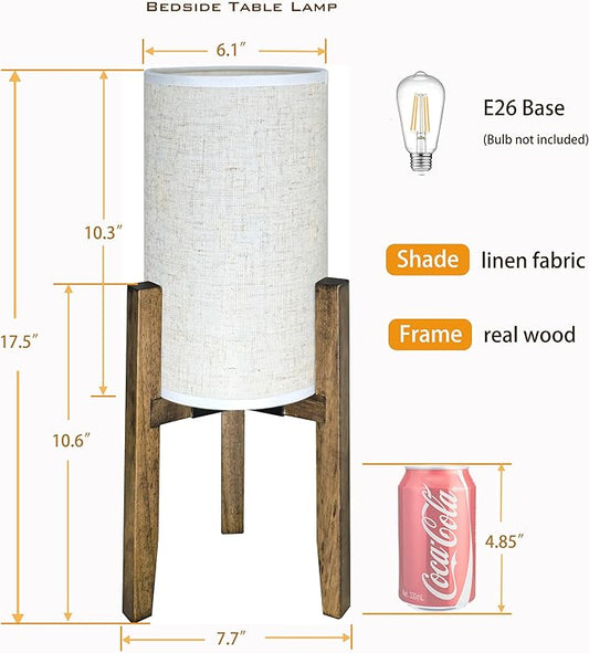 Bedside Table Lamp for Bedroom, Nightstand Wood Lamp with Cream Linen Shade, Modern Accent Desk Light 17.5" H for Living Room, Nursery