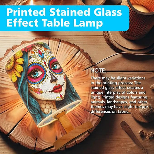 Sugar Skull Girl Table Lamp LED 3-Color Pressed Bedside, Sugar Skull Girl Shade Lamp with Wood Base for Bedroom Living Room Desk Office TL01