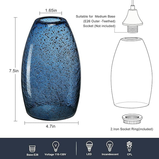 Dark Blue Seeded Glass Pendant Lamp Shade 4.72" Art Glass chandeliers Cover Mini Oval Light Shade Replacement Shade Only Light Fixtures for Kitchen Island Pendant Light 1-Pack