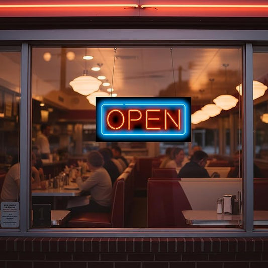 Compact Red & Blue Open Neon Sign - 24" wide x 11" high - Real, Quality Hand Bent Neon Sign - Bright Red Letters with a Blue Outer Border