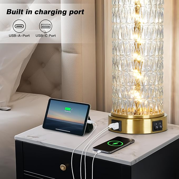 28" Gold Glass Table Lamps Set of 2, Gold Modern Bedside Lamp with LED Night Light, USB A+C, Glass Lamps for Living Room, Bedroom, Nightstand, Office, End Table (2 Bulbs Included)