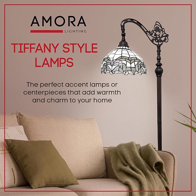 Amora Tiffany Floor Lamp - Arched, Stained Glass 62” - Traditional White Mahogany with Foot Switch Operation and Adjustable Lamp Shade - Custom Handcrafted Floor Lamps for Living Room