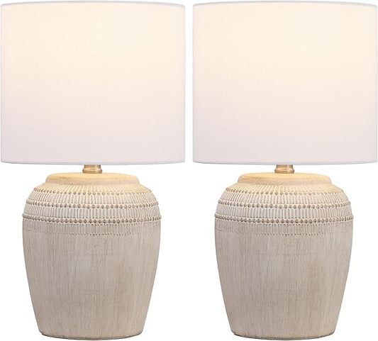 JONATHAN Y JYL5707B-SET2 16.75" Antique White Rustic Reeded Ceramic Table Lamp Set of 2 for Living Room, Traditional Farmhouse Bedside Nightstand Lamps with White Linen Shade, LED Bulbs Included
